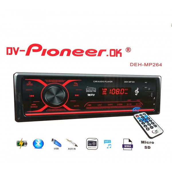 Автомагнитола DV-Pioneeir DEH-MP 268, bluetooth, 2usb, micro, aux, fm, пульт - фото 2786755
