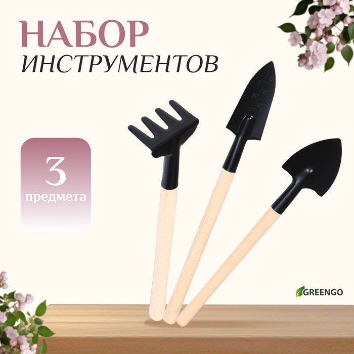 Набор садового инструмента, 3 предмета: грабли, 2 лопатки, длина 24 см, деревянные ручки, Greengo - фото 3140938