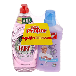 Средство для мытья посуды Fairy pure&clean 650 мл+Mr Proper для полов 500 мл